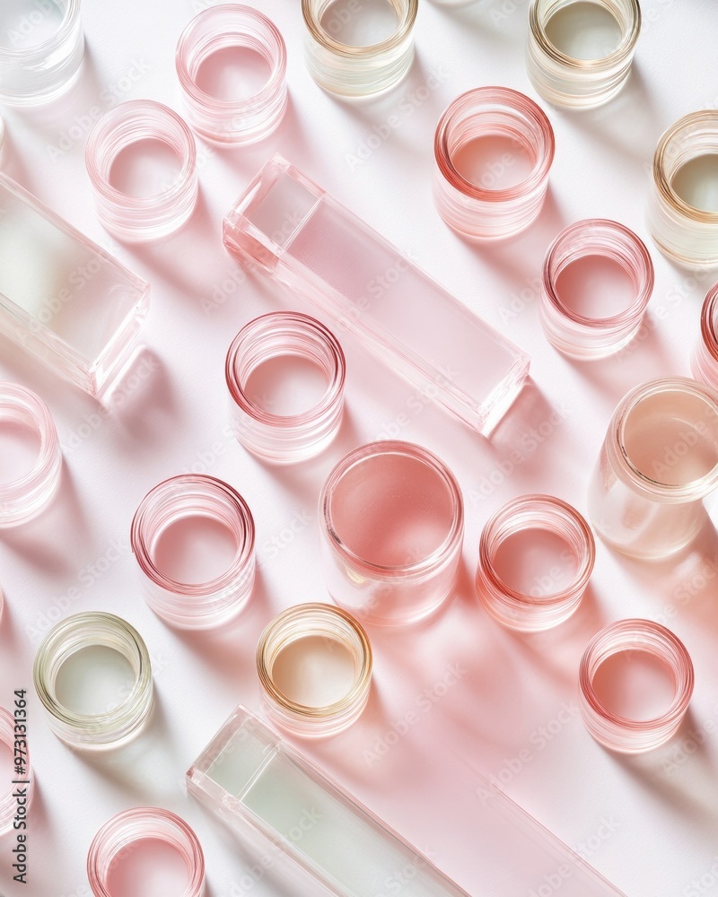 Poster Aerial View of Symmetrically Arranged Pink Perfume Bottles Creating a Geometric Pattern with Intricate Textures