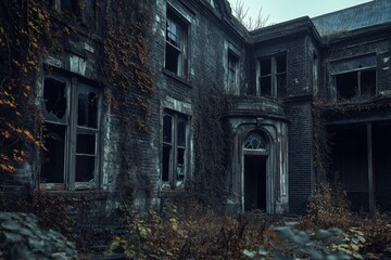 Fototapeta premium An Abandoned Brick House with Broken Windows and Overgrown Vines