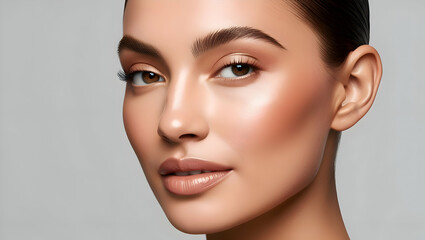 A close-up of a healthy, glowing complexion with a natural makeup look