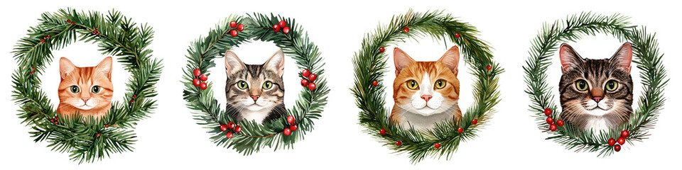 Obraz premium Festive cats surrounded by holiday wreaths, perfect for seasonal decorations and animal lovers during Christmas time.