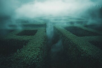 A Foggy Green Labyrinth Pathway