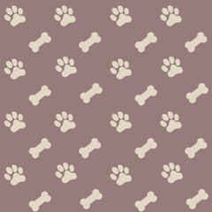 Dog paw and bone seamless vector pattern background. Fun diagonal canine backdrop with bones. Animal tracks and food repeat for doggie and pet products. Small elements all over print.