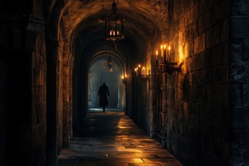Obraz premium A lone figure walks down a dimly lit stone hallway
