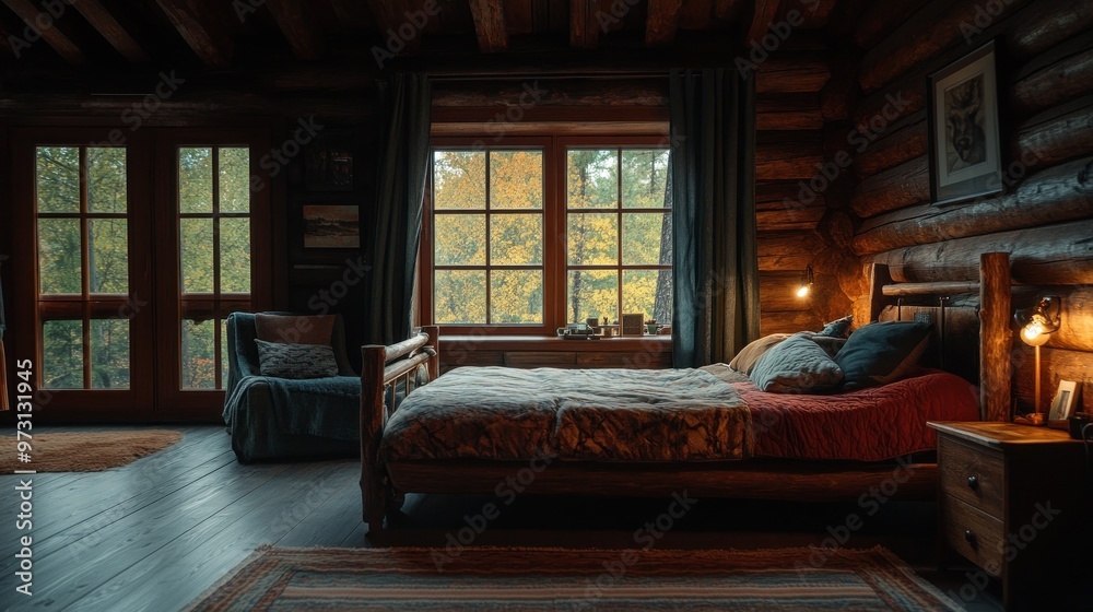 Poster Cozy bedroom in a rustic cabin with autumn views through large windows.