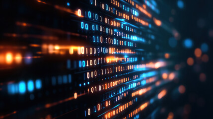 Fototapeta premium Vibrant abstract digital background featuring binary code in blue and orange, representing technology and data flow.