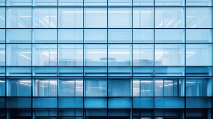 Modern glass building facade with reflective surfaces and illuminated interiors.