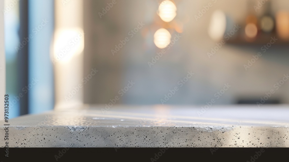 Aufkleber Minimalist Soft White Concrete Table with Ambient Lighting and Futuristic Bokeh in Modern Indoor Setting