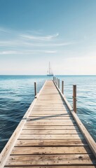 Obraz premium Serene wooden dock extending into calm blue waters with distant sailboat and clear sky