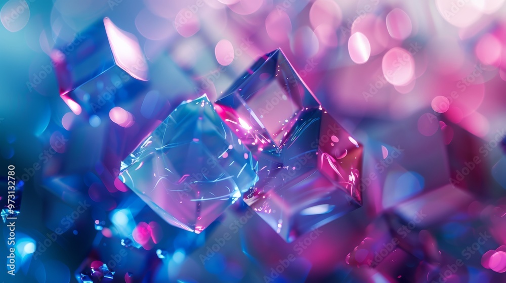 Fototapete Floating holographic shapes in a mesmerizing arrangement with glowing edges and intricate details. Close-up photo with clean background
