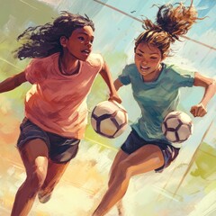 Two girls joyfully running while playing soccer, each holding a ball, in a vibrant outdoor setting.