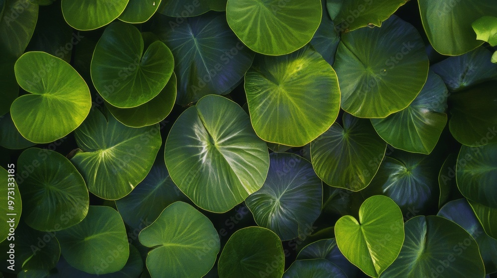 Aufkleber aerial view of green leaf plates in symmetrical geometric pattern with soft warm lighting and earthy