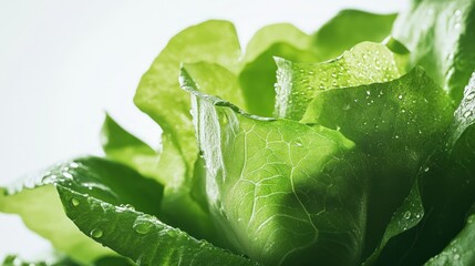 Close-up of fresh green lettuce leaves with water droplets.