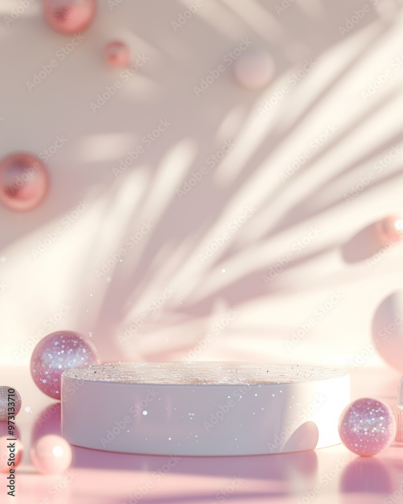 Aufkleber mockup of a pastel-themed scene with soft shadows and sparkles, featuring a white circular platform 