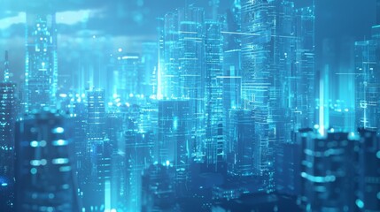 Fototapeta premium Futuristic cityscape with transparent holographic buildings floating above a modern urban environment showcasing sleek, high-tech designs, reflecting light in a glowing blue hue. 