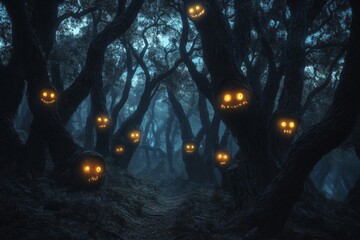 A path through a dark forest with glowing faces in the trees