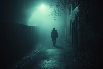 A Silhouette of a Person Walking Through a Foggy Alleyway at Night