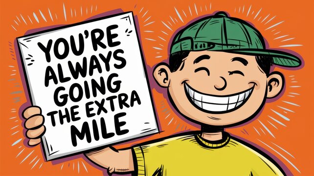 Playful Illustration of a Boy Encouraging Positivity with Sentence "You're always going the extra mile"