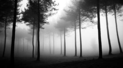 Enigmatic Embrace: Mysterious Dark Foggy Forest with Tall Trees Vanishing in Mist - Moody Atmospheric Landscape Photography