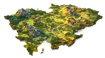 Detailed 3D-rendered map of a fictional island with diverse landscapes, including mountains, forests, and plains.