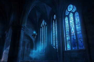 A Mystical Church Interior with Blue Stained Glass Windows