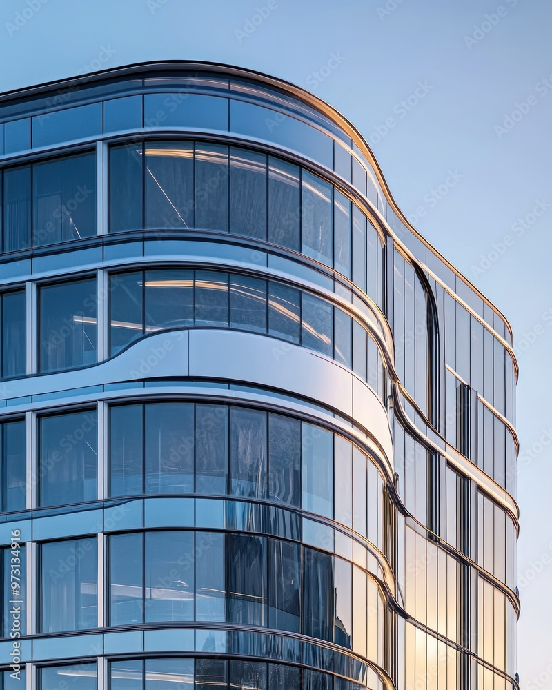 Canvas Prints Modern glass building with curved architecture reflecting the sky.