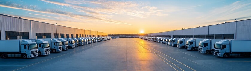 Obraz premium White semi-trucks parked in rows at a large logistics warehouse terminal during a golden sunset.