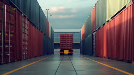 Container trucks parked at a warehouse loading dock, logistics concept. 