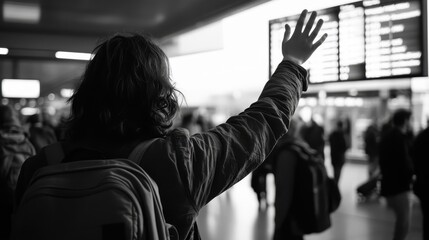 Heartfelt Airport Farewell: Person Holding Back Tears and Waving Goodbye in Emotional Departure Scene