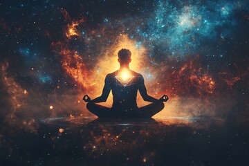 Silhouette of a person meditating peacefully amid a cosmic backdrop filled with vibrant energy and symbolic patterns