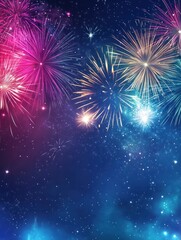 Obraz premium Colorful fireworks light up the night sky with Happy New Years Eve message shining brightly
