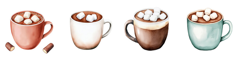 A delightful collection of hot chocolate mugs topped with marshmallows, perfect for winter and cozy gatherings.