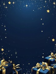 Fototapeta premium dark blue christmas background with gifts and gold stars
