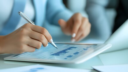 Close-up of a hand using a stylus on a tablet with a graph displayed on the screen.