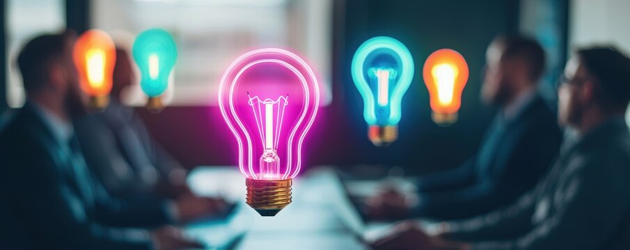 Brainstorming session with neon light-bulbs floating above heads