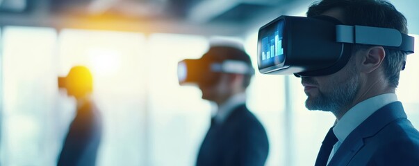Business people examining virtual reality projections of future business goals
