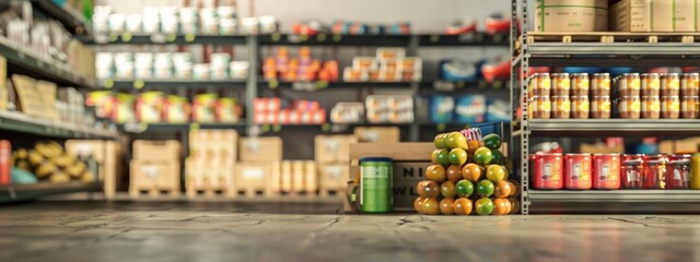 Naklejka premium Warehouse Shelves Filled with Grocery Products in Focus
