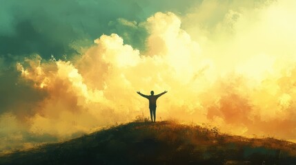 Embracing Freedom: Joyful Person on Hilltop with Arms Spread Wide