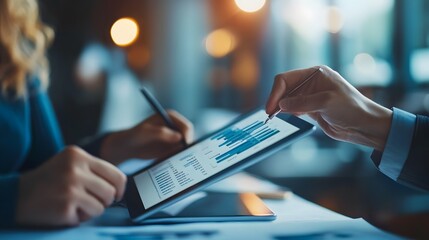 Two Business Professionals Analyzing Financial Data on a Tablet