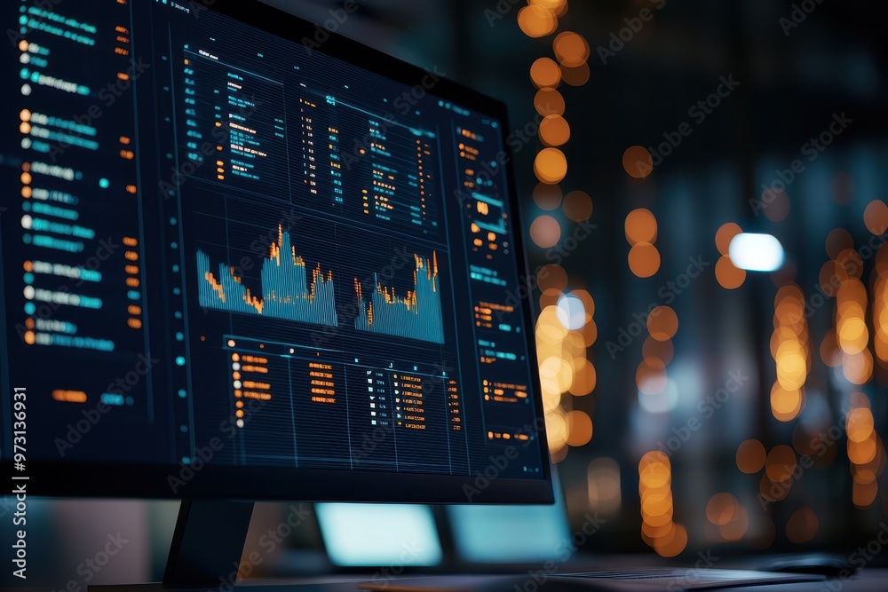 Aufkleber A computer screen displaying data analytics and financial graphs in a modern office with bokeh lights in the background.