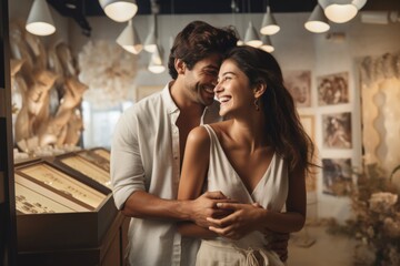 A happy couple embraces in an art gallery, sharing a laugh and enjoying the moment amidst beautiful artwork and warm lighting.