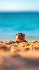 Obraz premium A curious sea lion peeks over a sandy beach with the vibrant blue ocean in the background, creating a serene and playful coastal scene.