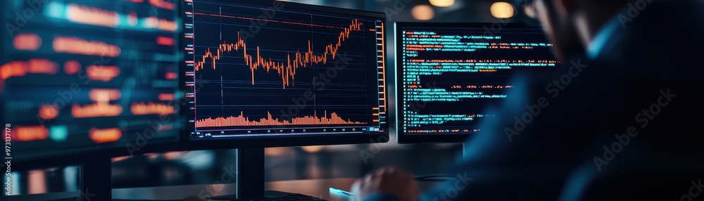 Poster a finance professional analyzes stock market data on multiple monitors in a dark office, displaying 