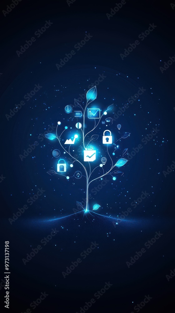 Leinwandbilder a glowing digital tree with icons representing technology, security, and communication against a dar