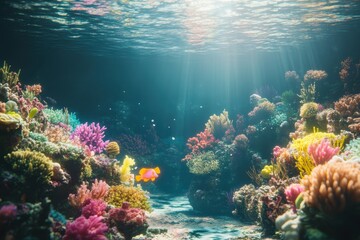 Obraz premium A vibrant coral reef with a single fish swimming through a sunlit underwater scene