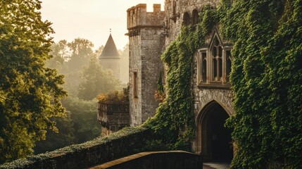 A misty view of an ivy-covered castle tower surrounded by lush greenery at dawn.