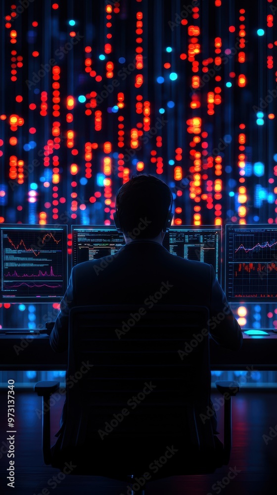 Fototapete a person analyzing data on multiple computer screens in a dark room, surrounded by glowing lights re