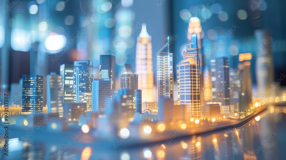 Poster holographic display of a smart city featuring modern high-rise buildings and integrated technology e