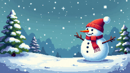Fototapeta premium Pixel art snowman in snowy forest
