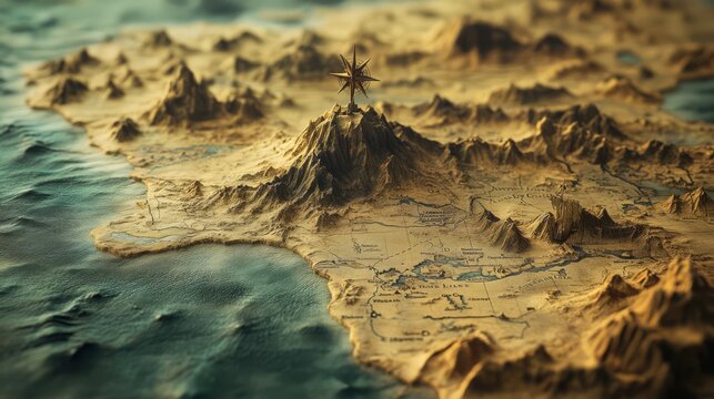 Intricate 3D map of a fantasy land, depicting mountainous terrain and valleys, perfect for games or story backgrounds.