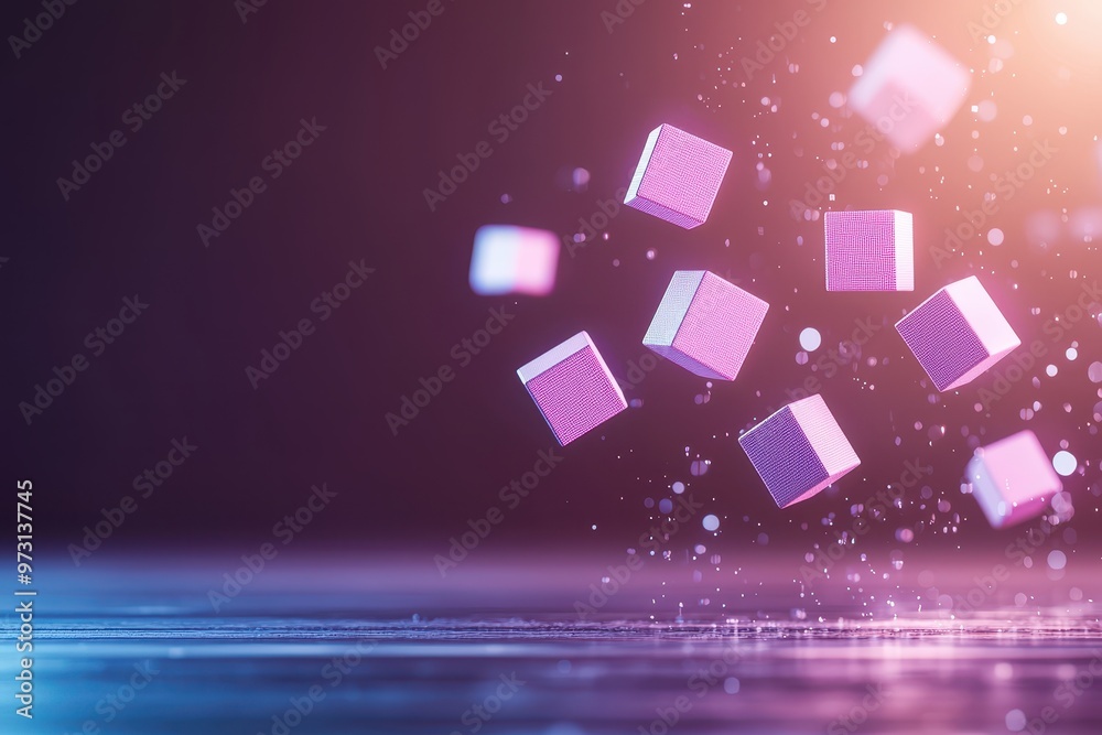 Aufkleber Abstract image of floating purple cubes with a gradient background. Perfect for tech and futuristic themes.
